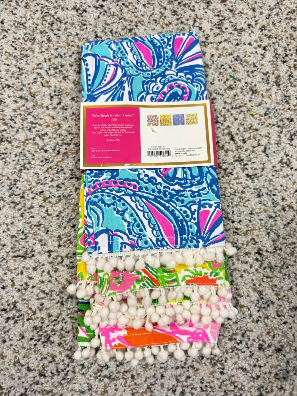 Lilly Pulitzer Napkins 4 Piece Pom Pom Trim Pink Green Blue Cotton Fan Dance